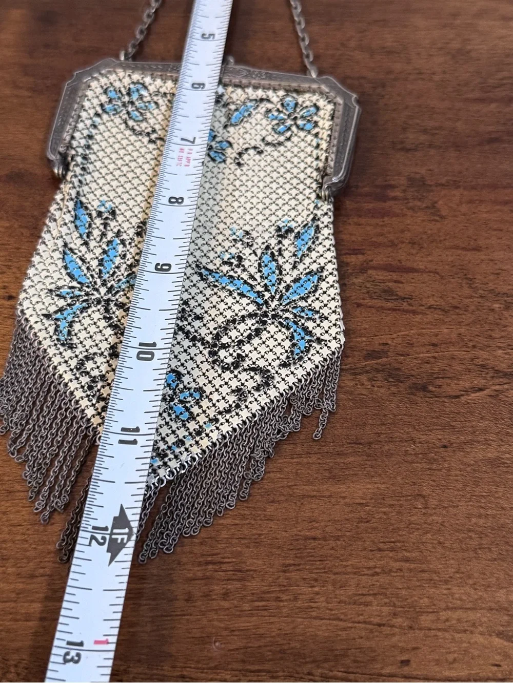 Antique Mandalian Mesh Enamel Flapper Purse Floral w/ Fringe